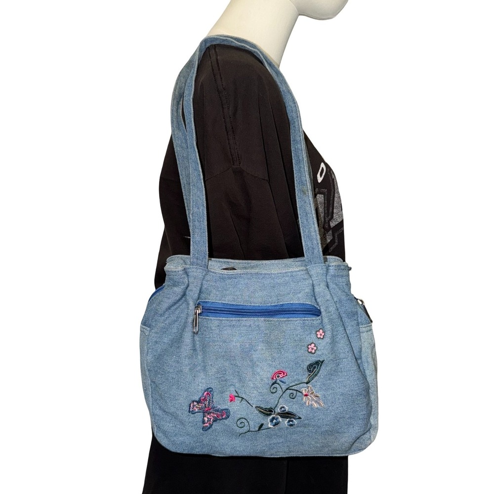 Y2K blue jean denim shoulder purse with butterfly & floral whimsy embroidery